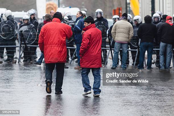 Brussels, Belgium 25 january 2013. 6 Busses with unionist came from Liege, Luik to Brusels today. Arcelor Mittal wants to fire 1200 people. The...