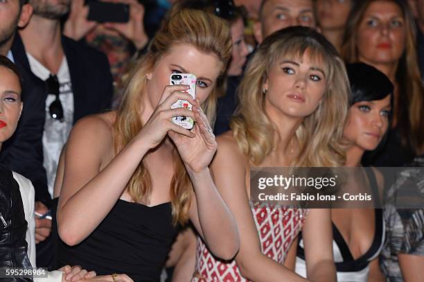 Ireland Baldwin and Suki Waterhouse attend the DSquared2 show as a part of Milan Fashion Week Womenswear Spring/Summer 2014 on September 18, 2013 in...