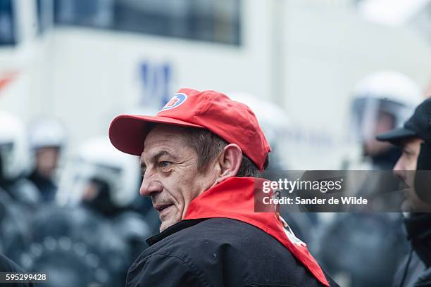 Brussels, Belgium 25 january 2013. 6 Busses with unionist came from Liege, Luik to Brusels today. Arcelor Mittal wants to fire 1200 people. The...