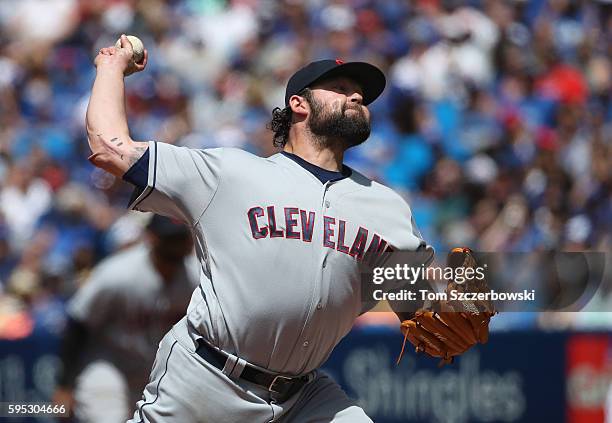 Joba Chamberlain of the Cleveland Indians delivers a pitch in the fifth inning during MLB game action against the Toronto Blue Jays on July 3, 2016...