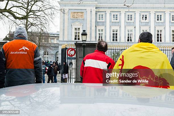 Brussels, Belgium 25 january 2013. 6 Busses with unionist came from Liege, Luik to Brusels today. Arcelor Mittal wants to fire 1200 people. The...