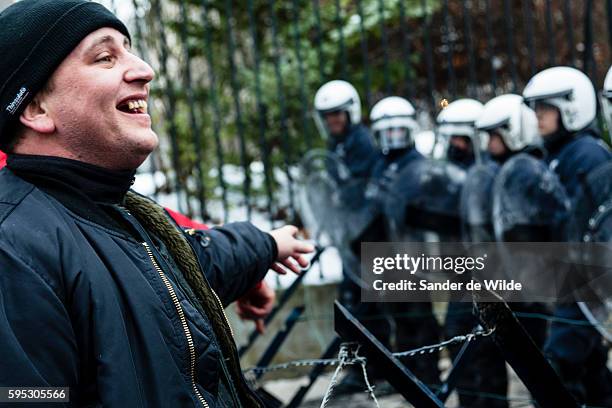 Brussels, Belgium 25 january 2013. 6 Busses with unionist came from Liege, Luik to Brusels today. Arcelor Mittal wants to fire 1200 people. The...