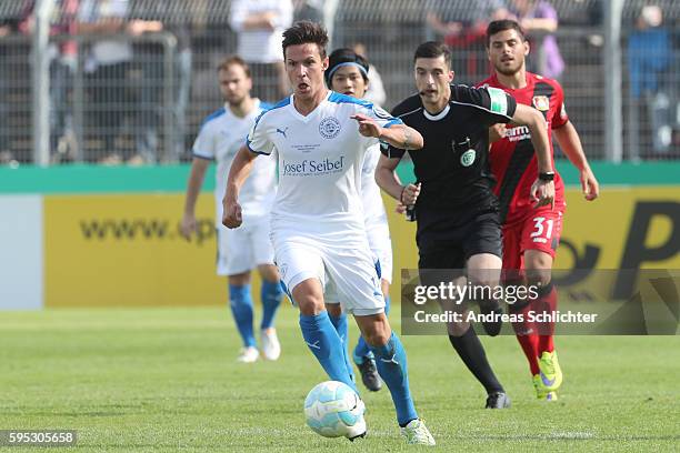 Jesper Brechtel of SC Hauenstein during the DFB Cup match between SC Hauenstein and Bayer 04 Leverkusen at Stadium Husterhoehe on August 19, 2016 in...