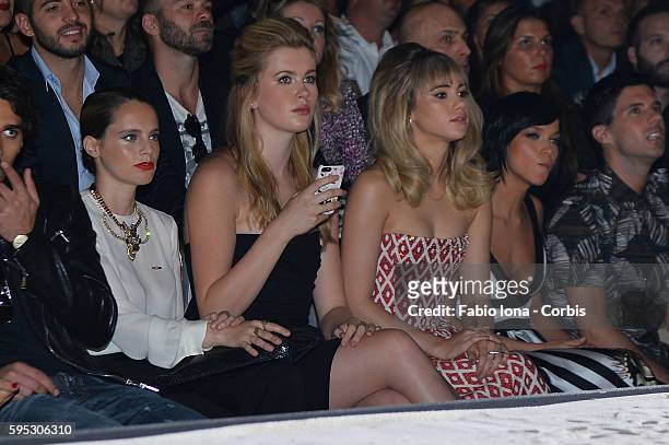 Ireland Baldwin and Suki Waterhouse attend the DSquared2 show as a part of Milan Fashion Week Womenswear Spring/Summer 2014 on September 18, 2013 in...