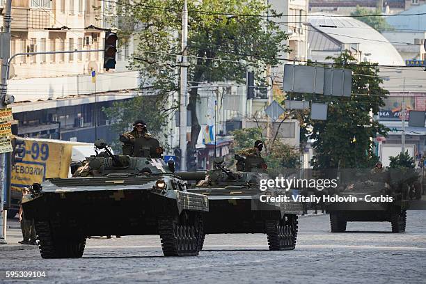 Ukrainian soldiers and military vehicles take part in rehearsal for the military parade which will be held in honour of Independence Day on a central...