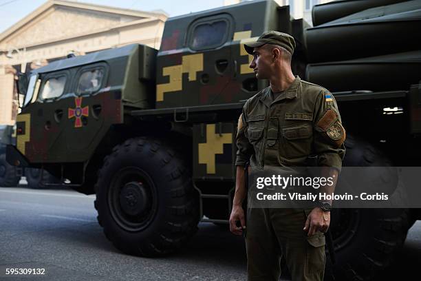 Ukrainian soldiers and military vehicles take part in rehearsal for the military parade which will be held in honour of Independence Day on a central...