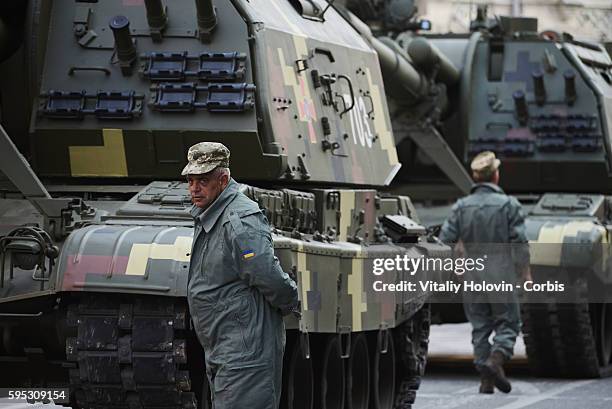 Ukrainian soldiers and military vehicles take part in rehearsal for the military parade which will be held in honour of Independence Day on a central...