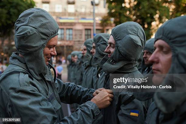 Ukrainian soldiers and military vehicles take part in rehearsal for the military parade which will be held in honour of Independence Day on a central...