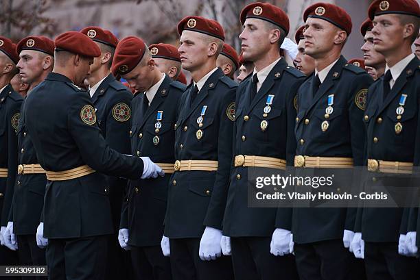 Ukrainian soldiers and military vehicles take part in rehearsal for the military parade which will be held in honour of Independence Day on a central...