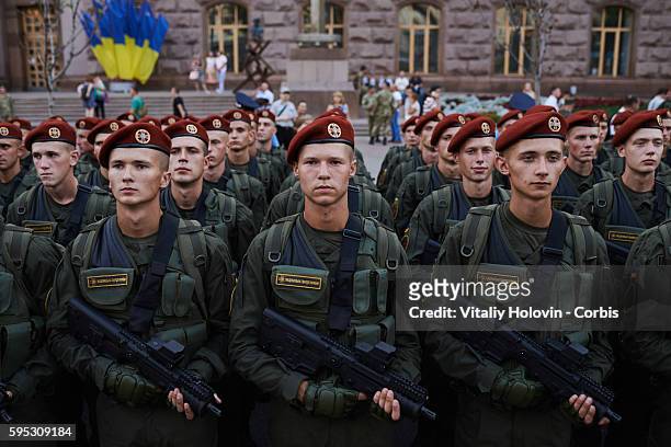Ukrainian soldiers and military vehicles take part in rehearsal for the military parade which will be held in honour of Independence Day on a central...