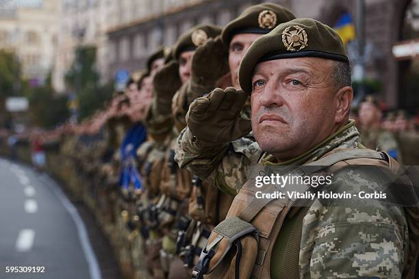 Ukrainian soldiers and military vehicles take part in rehearsal for the military parade which will be held in honour of Independence Day on a central...