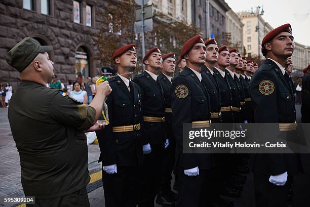 Ukrainian soldiers and military vehicles take part in rehearsal for the military parade which will be held in honour of Independence Day on a central...