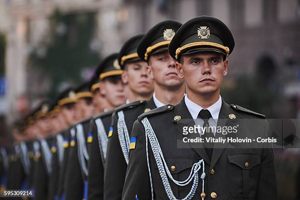 Ukrainian soldiers and military vehicles take part in rehearsal for the military parade which will be held in honour of Independence Day on a central...