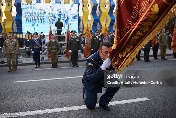 Ukrainian soldiers and military vehicles take part in rehearsal for the military parade which will be held in honour of Independence Day on a central...