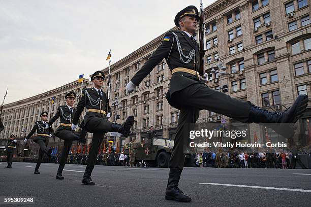 Ukrainian soldiers and military vehicles take part in rehearsal for the military parade which will be held in honour of Independence Day on a central...