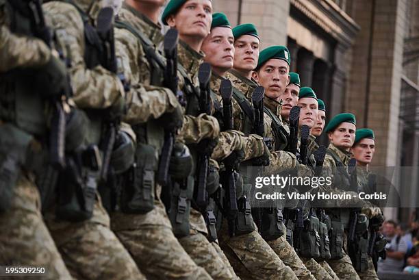 Ukrainian soldiers and military vehicles take part in rehearsal for the military parade which will be held in honour of Independence Day on a central...