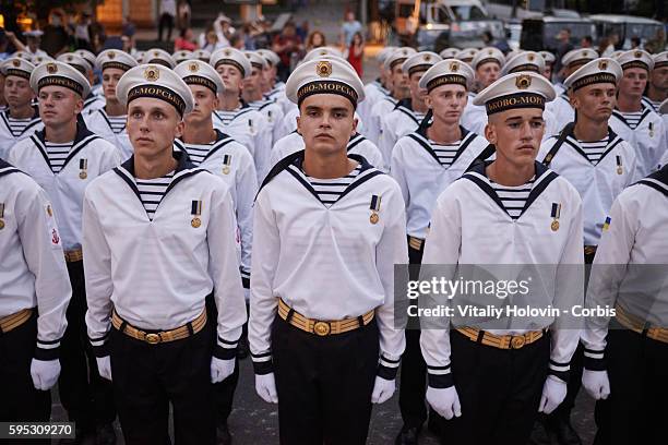 Ukrainian soldiers and military vehicles take part in rehearsal for the military parade which will be held in honour of Independence Day on a central...