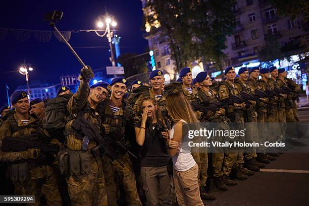 Ukrainian soldiers and military vehicles take part in rehearsal for the military parade which will be held in honour of Independence Day on a central...