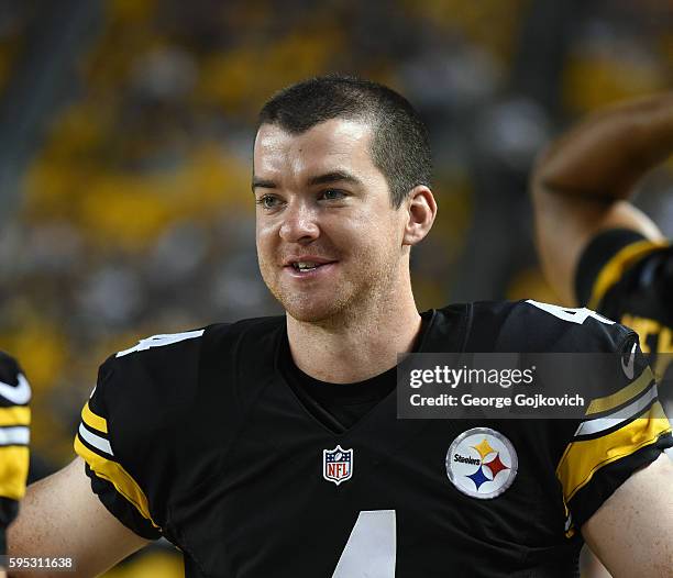 Punter Jordan Berry of the Pittsburgh Steelers smiles as he looks on from the sideline during a National Football League preseason game against the...