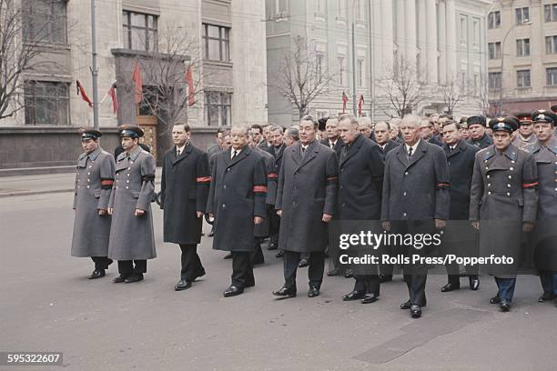 Leaders of the Soviet Union, including Communist Party General Secretary Leonid Brezhnev , 5th from left and Russian Premier Alexei Kosygin , 6th...