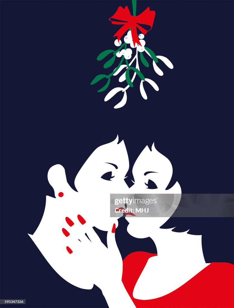 Simple Illustration Two Woman Kiss Under Mistletoe