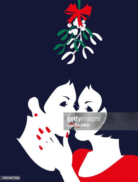 simple illustration two woman kiss under mistletoe - gay christmas stock illustrations