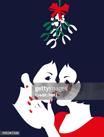 Simple Illustration Two Woman Kiss Under Mistletoe Simple Illustration Two Woman Kiss Under Mistletoe