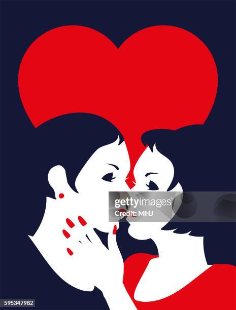 simple illustration two women kiss under red heart - gay wedding stock illustrations