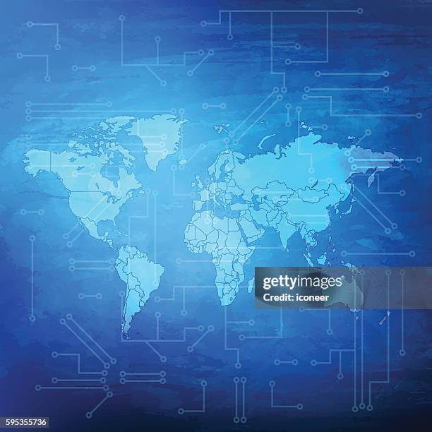 world map with electric circuit on blue grunge background - photopollution stock illustrations