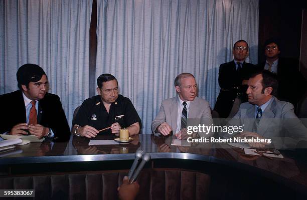 View of, from left, US representative Bill Richardson, Salvadoran Minister of Defense General Jose Guillermo Garcia, and US representatives Jim...