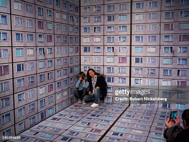 Woman and a boy, the latter with a camera, pose for a photograph in the corner of an installation at the Museum of Modern Art, New York, New York,...