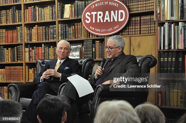 At the Strand Bookstore, American author Gay Talese is interviewed by journalist David Brancaccio during an event to promote the Taschen's special...