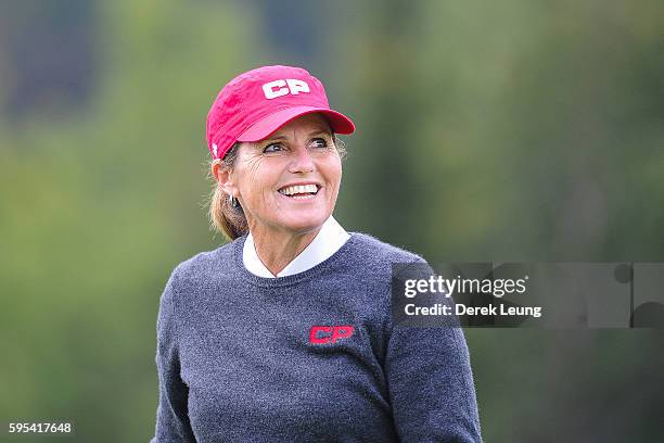 Lorie Kane of Canada reacts after her birdie putt on the 16th hole during the first round of the Canadian Pacific Women's Open at Priddis Greens Golf...