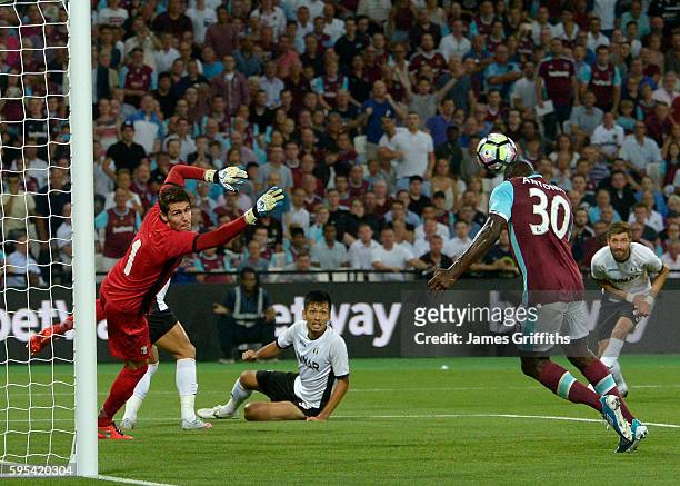 Michail Antonio of West Ham United goes close to scoring during the UEFA Europa Play-Off Second leg match between West Ham United and FC Astra...