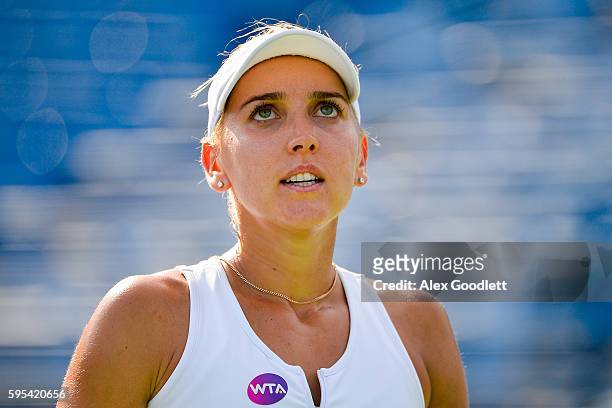 Elena Vesnina of Ukraine looks on during a match against Elina Svitolina of Ukraine on day 5 of the Connecticut Open at the Connecticut Tennis Center...