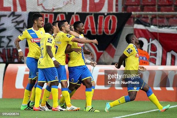 Arouca's defender Gege celebrates after scoring a goal with team during UEFA Europa League match between FC Olympiacos and FC Arouca at Georgios...