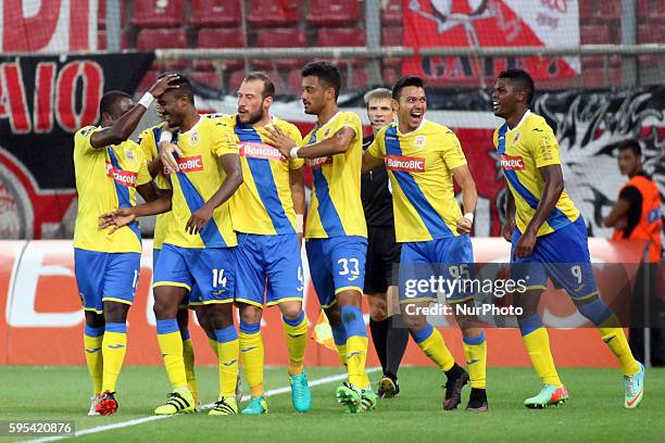 Arouca's defender Gege celebrates after scoring a goal with team during UEFA Europa League match between FC Olympiacos and FC Arouca at Georgios...