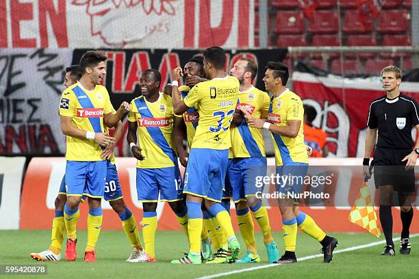 Arouca's defender Gege celebrates after scoring a goal with team during UEFA Europa League match between FC Olympiacos and FC Arouca at Georgios...