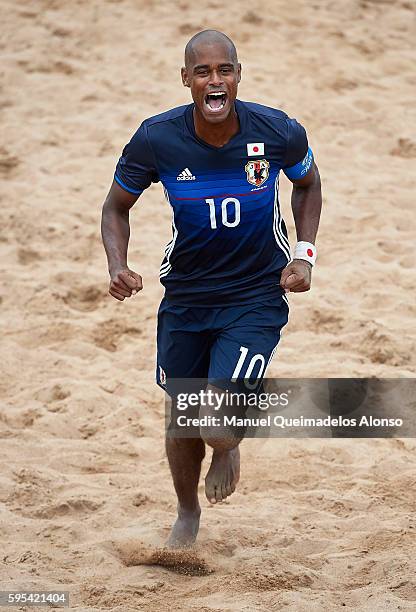 Ozu Moreira of Japan celebrates scoring during the Continental Beach Soccer Tournament match between Japan and Vietnam at Municipal Sports Center on...