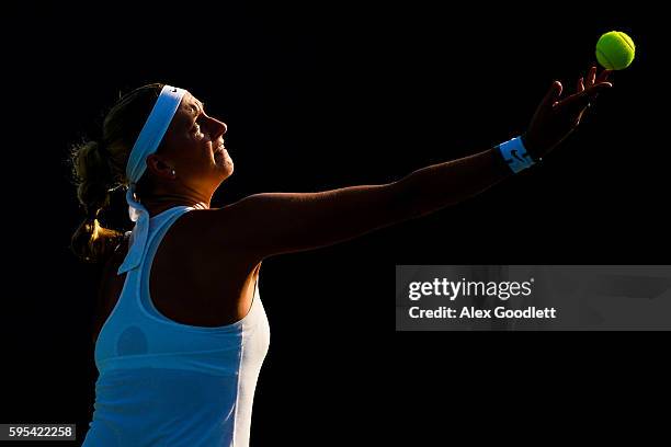 Petra Kvitova of the Czech Republic serves to Ekaterina Makarova of Russia on day 5 of the Connecticut Open at the Connecticut Tennis Center at Yale...