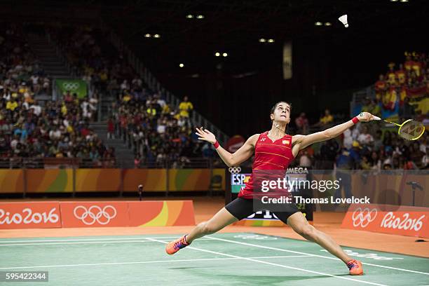 Summer Olympics: Spain Carolina Marin in action vs India PV Sindhu during Women's Singles Final - Gold medal match at Riocentro Paviliion 4. Marin...