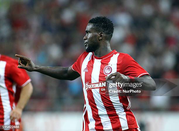 Olympiaco's Greek forward Brown Ideye celebrates after scoring a goal during UEFA Europa League match between FC Olympiacos and FC Arouca at Georgios...