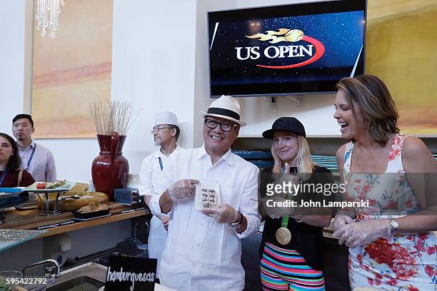 Chef Masaharu Morimoto, US Olympian Bethany Maddox Sands and Hannah Storm attend 2016 US Open Media Food Tasting Preview at USTA Billie Jean King...