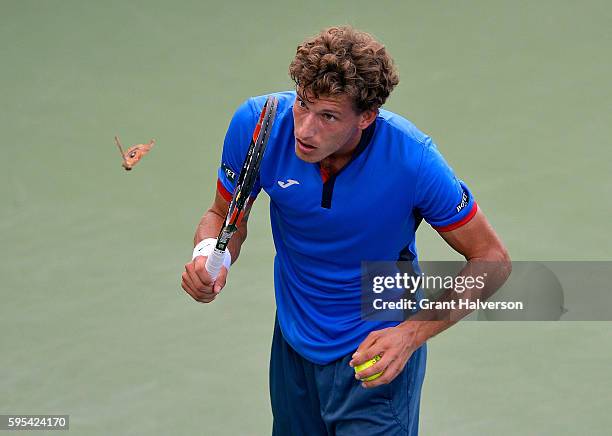 Pablo Carreno Busta of Spain watches a butterfly float past as he prepares to serve to Andrey Kuznetsov of Russia during the Winston-Salem Open at...