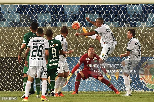 Tiago Amaral of Brazil's Cuiaba, kicks the ball to score against of Brazil's Chapecoense during their Sudamericana Cup football match held at the...