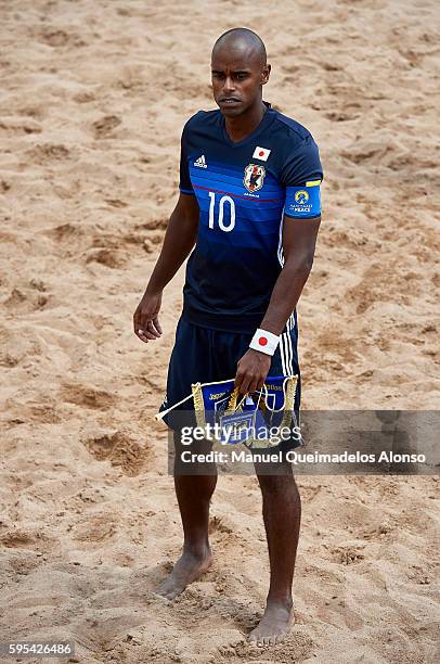 Ozu Moreira of Japan looks on prior to the Continental Beach Soccer Tournament match between Japan and Vietnam at Municipal Sports Center on August...