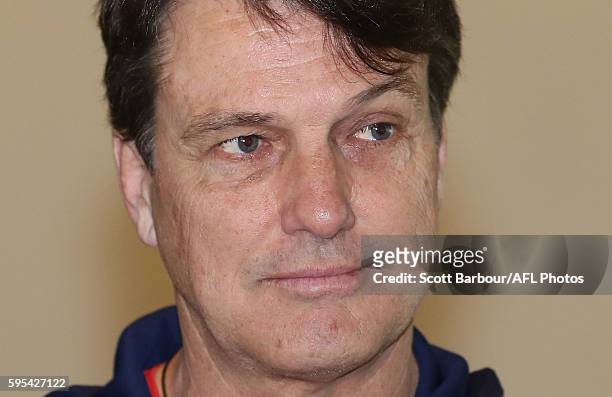 Paul Roos, Senior Coach of the Demons speaks during a Melbourne Demons AFL press conference at the Melbourne Cricket Ground on August 26, 2016 in...