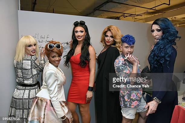 Katya, Coco Montrese, Tatianna, Roxxxy Andrews, Phi Phi O'Hara and Detox attend AOL Build to discuss "RuPaul's Drag Race All Stars" at AOL HQ on...