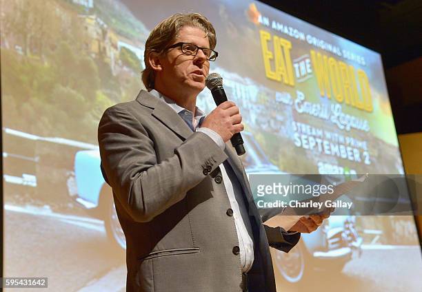 Conrad Riggs, Head of Unscripted at Amazon Studios speaks onstage during Amazon Original Series "Eat the World With Emeril Lagasse" premiere event on...