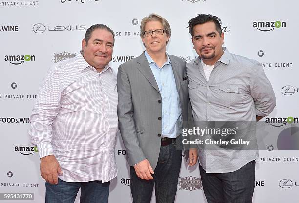 Chef Emeril Lagasse, Conrad Riggs, Head of Unscripted at Amazon Studios and chef Aaron Sanchez attend Amazon Original Series "Eat the World With...